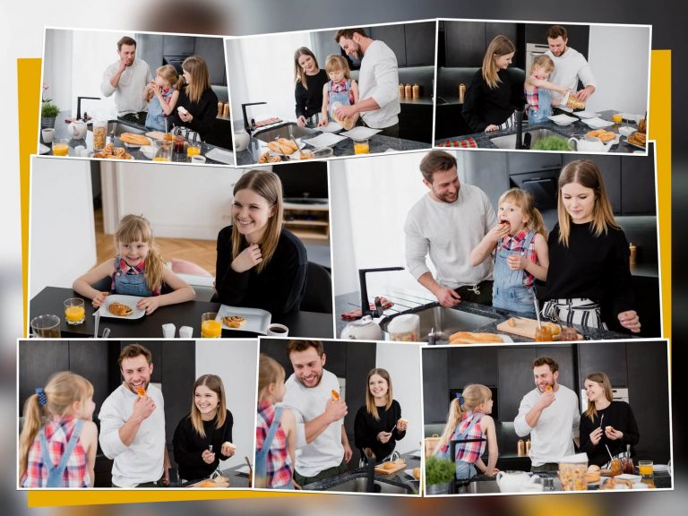 Colaj foto cu o familie care pregătește micul dejun în bucătărie